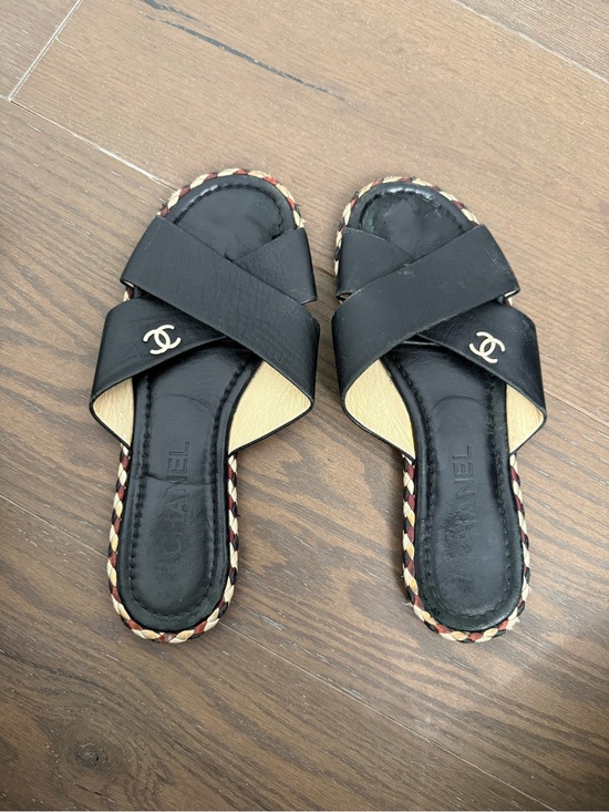 CHANEL Shoes - CHANEL Black Leather Cross-Strap Slide Sandals with Braided Trim